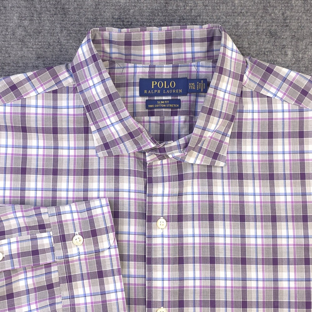 Polo Ralph Lauren 100% Cotton Stretch Shirt 2XL Slim Fit Purple Plaid Button Up
